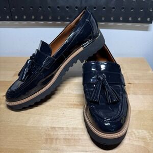 Franco Sarto Womens Navy Patent Leather Tassel Lug Sole Platform Loafers Shoes